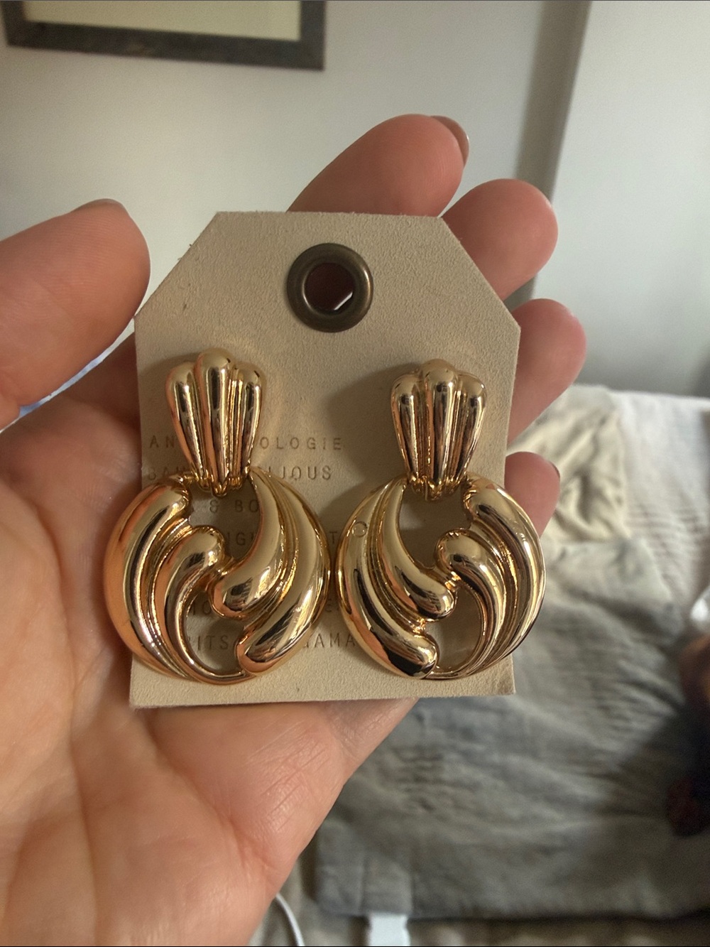 Anthropologie Gold Swirl Hoop Drop Earrings